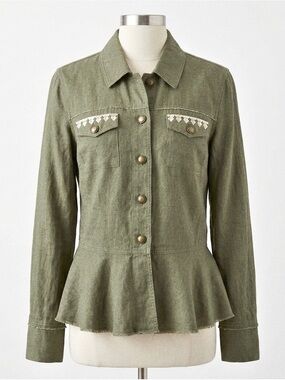 International Concepts 100% Linen Embroidered Olive Green Utility Jacket Sz M
